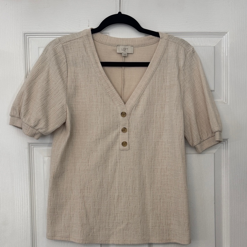 LOFT Beige Textured V-Neck Blouse